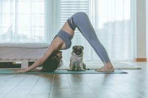 women doing yoga for anxiety at home with a dog