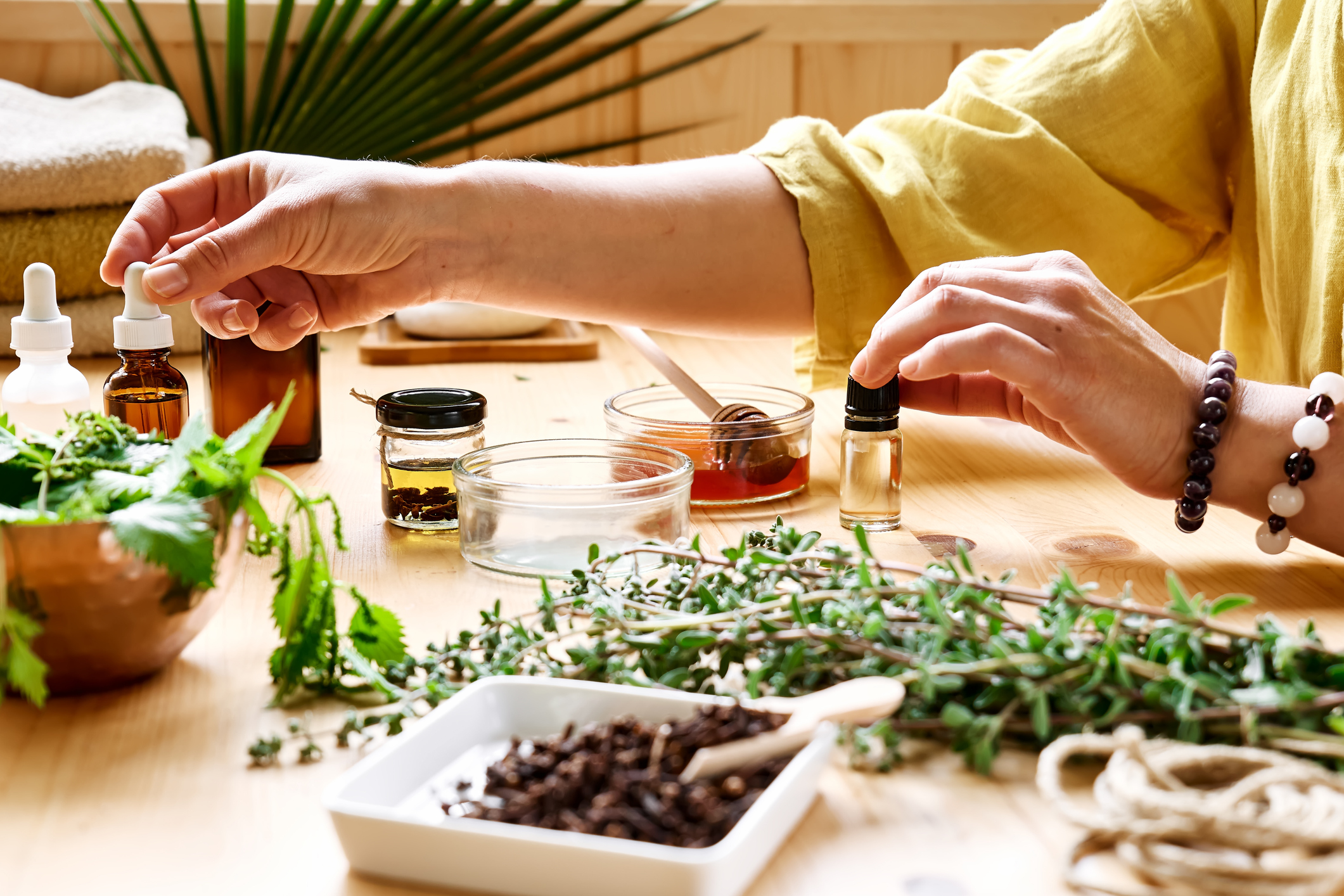 Essential oils & herbs on a table