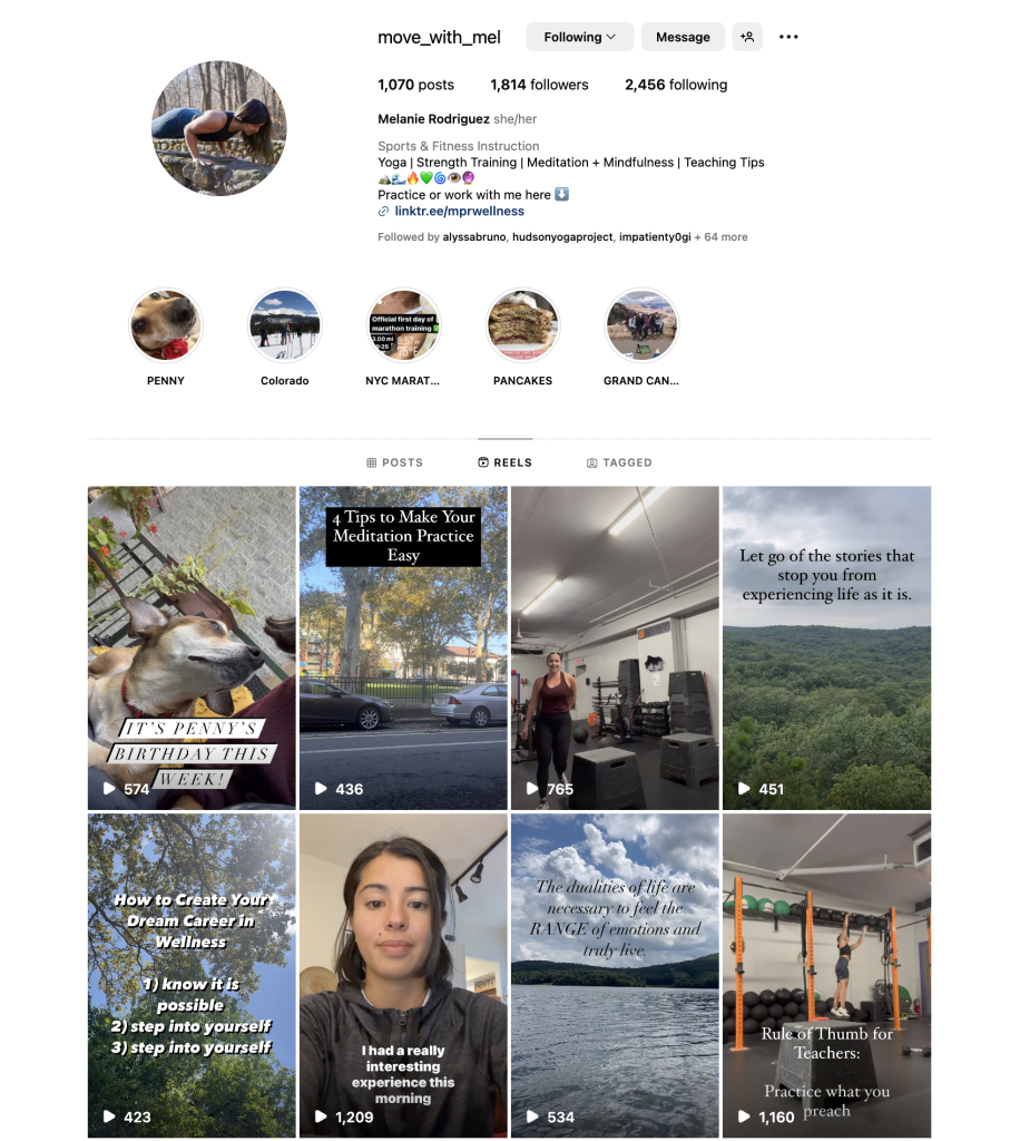 Mel's Instagram grid to represent her active presence on social media as a yoga teacher